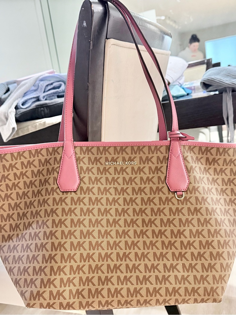 Michael Kors Beige Monogram Tote with Pink Trim